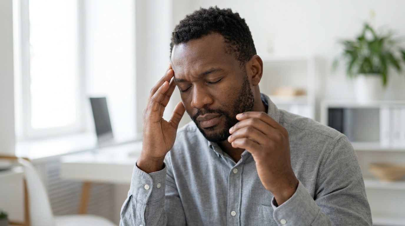 Man experiencing a headache, a common symptom of TMJ disorder, which can be treated at Fienman DDS in West Bloomfield, MI