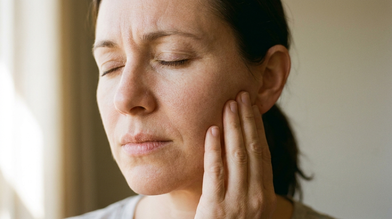 Woman holding her jaw in discomfort, showing signs of TMJ pain and seeking treatment in West Bloomfield, MI